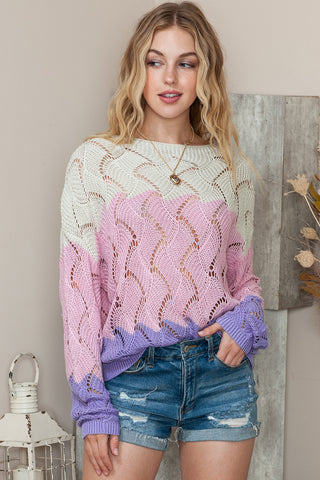 Openwork Tricolor Dropped Shoulder Sweater