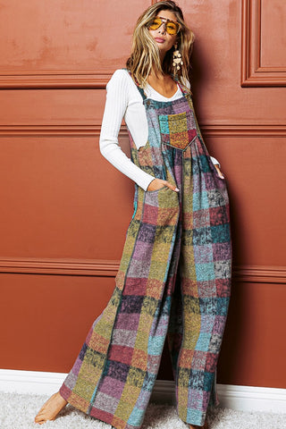 Multi Color Brushed Checkered Wide Leg Overalls