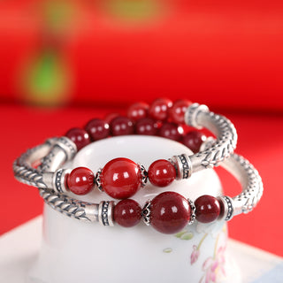 Pure Silver Wheat Cinnabar Ethnic Bracelet