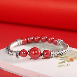 Pure Silver Wheat Cinnabar Ethnic Bracelet