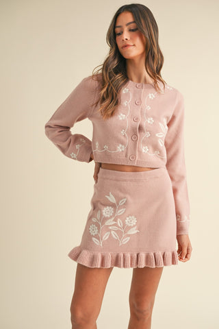 Embroidered Crop Cardigan and Ruffled Mini Skirt Set