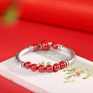 Pure Silver Wheat Cinnabar Ethnic Bracelet