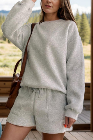 Round Neck Dropped Shoulder Sweatshirt and Shorts Set