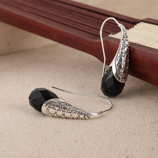 Vintage Metal Carved Water Drop Black Stone Earrings
