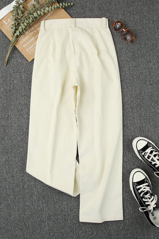 Women Beige Corduroy High Waist Straight Leg Pants