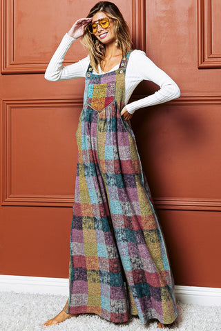 Multi Color Brushed Checkered Wide Leg Overalls