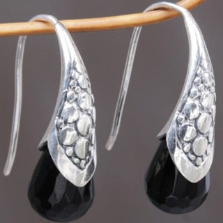 Vintage Metal Carved Water Drop Black Stone Earrings
