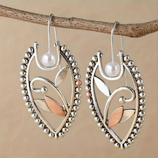 Vintage Pearl Flower And Leaf Carved Metal Lady Creative Earrings