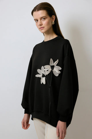 Flower Detailed Scuba Sweatshirt