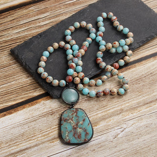 Bohemian Geometric natural stone Beaded Chain Pendant Necklace