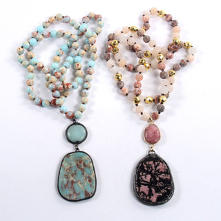Bohemian Geometric natural stone Beaded Chain Pendant Necklace