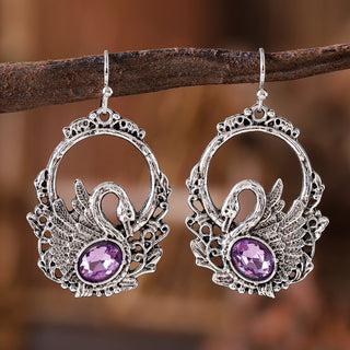 Vintage Inlaid Zircon Swan Pendant Earrings