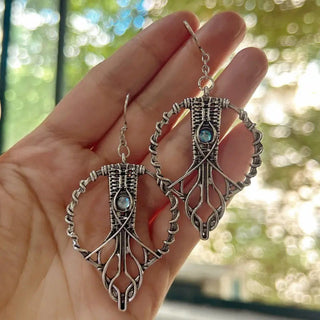Bohemian Round Handmade Brushed Hollow Gemstone Inlaid Pendant Earrings