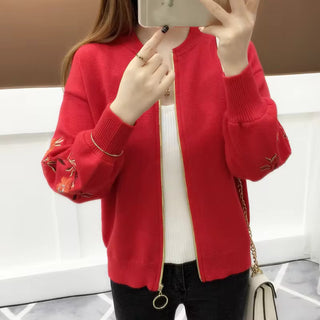 Flower Embroidery Zip Front Women Cardigan