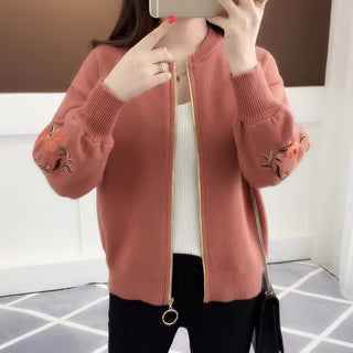 Flower Embroidery Zip Front Women Cardigan