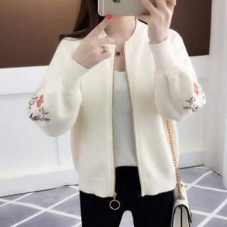 Flower Embroidery Zip Front Women Cardigan