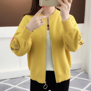 Flower Embroidery Zip Front Women Cardigan