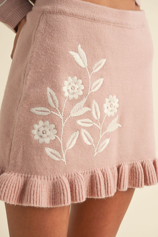 Embroidered Crop Cardigan and Ruffled Mini Skirt Set