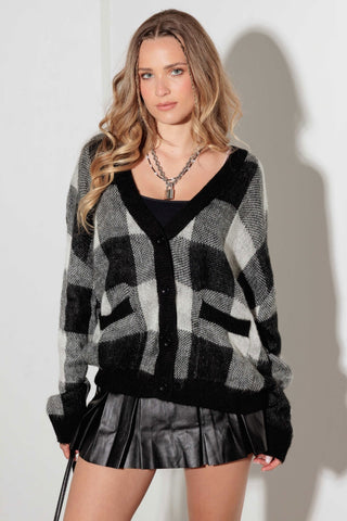 Checkered V-Neck Cardigan with Pockets