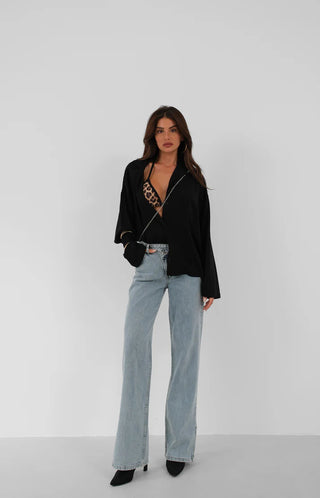 Asymmetrical Belted Leg Slit Jeans