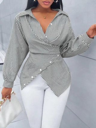 Stripe Lapel Long Sleeve Blouse