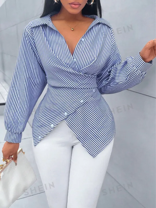 Stripe Lapel Long Sleeve Blouse