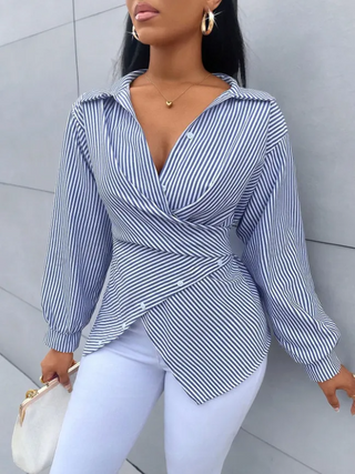 Stripe Lapel Long Sleeve Blouse