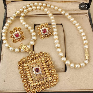 Gold Plated Pendant with pearl chain and Earrings