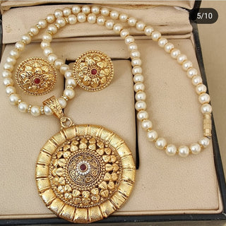 Gold Plated Pendant with pearl chain and Earrings