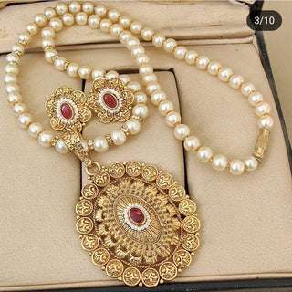 Gold Plated Pendant with pearl chain and Earrings
