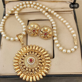 Gold Plated Pendant with pearl chain and Earrings