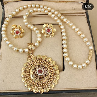 Gold Plated Pendant with pearl chain and Earrings