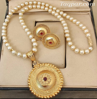Gold Plated Pendant with pearl chain and Earrings