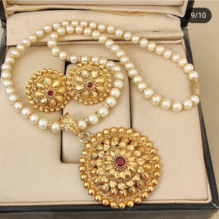 Gold Plated Pendant with pearl chain and Earrings