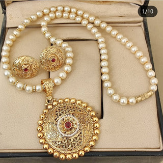 Gold Plated Pendant with pearl chain and Earrings
